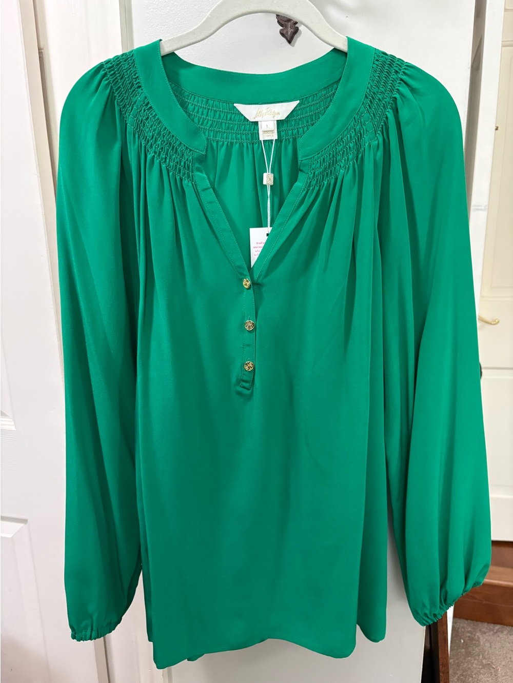 Lilly Pulitzer Emerald Green Smocked Yoke Long-Sleeve Blouse